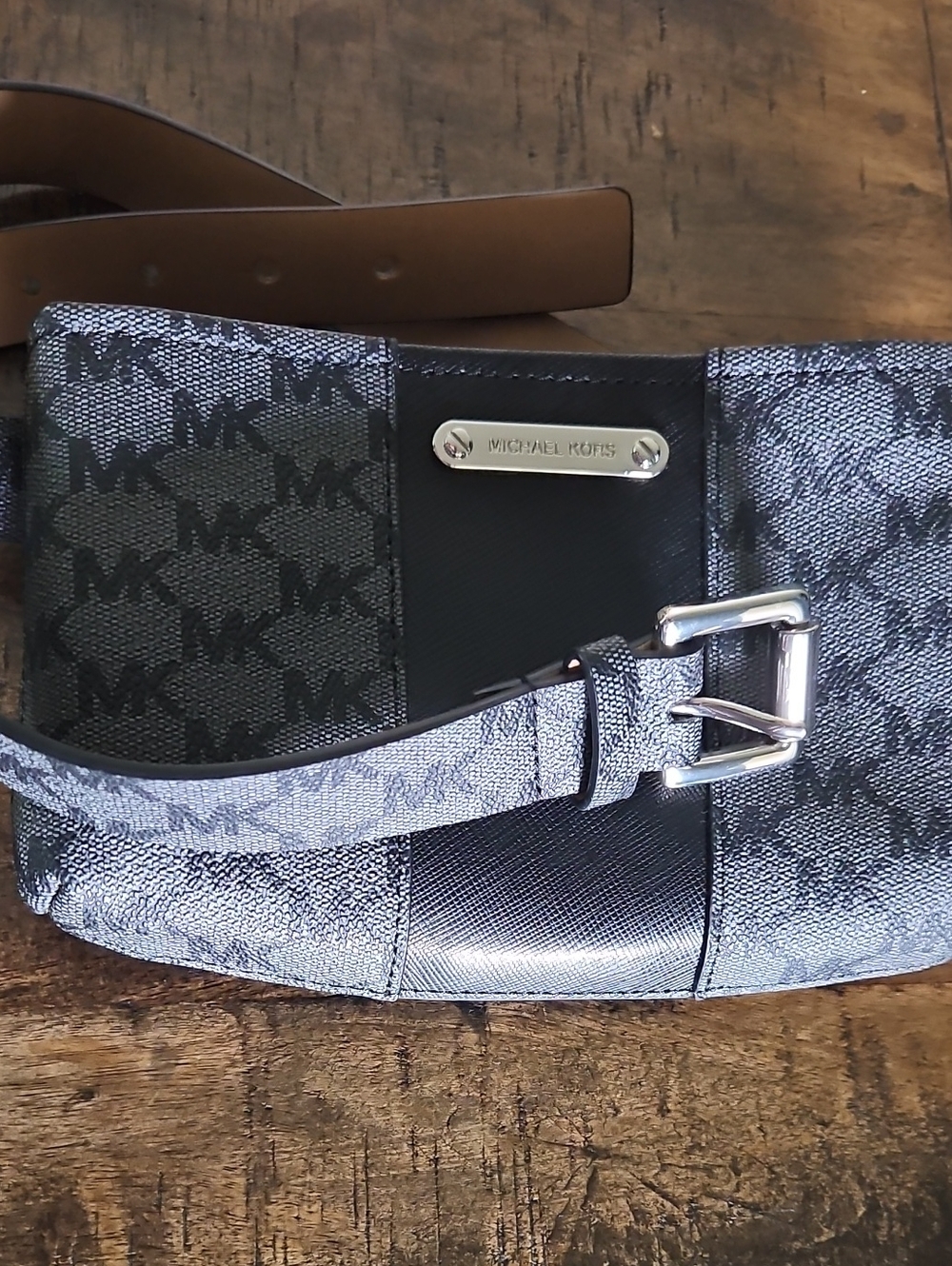 Michael Kors Black/gray Belt Wallet, Monogram Belt Bag with Silver Hardware